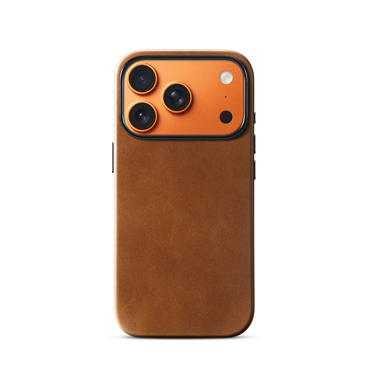 Caramel aniline leather case for iPhone 17 Pro, shown on an orange phone
