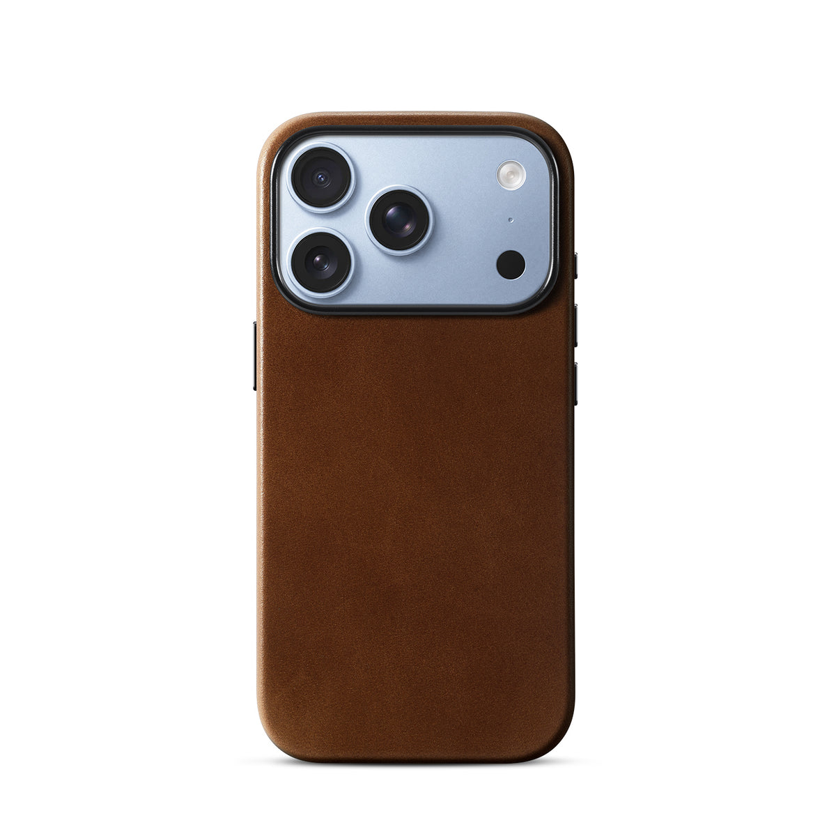 Dark Brown aniline leather case for iPhone 18 Pro, shown on a light blue phone