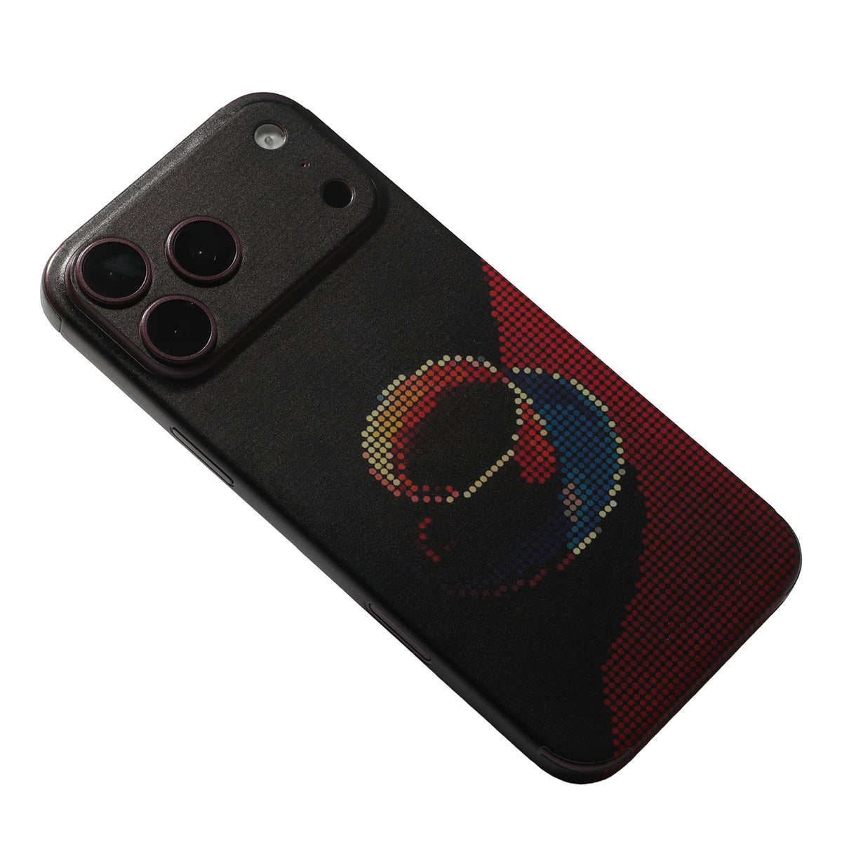 STICKSOO full-body Phone Skin, real photo on Burgundy iPhone 18 Pro Max, white-background view 1