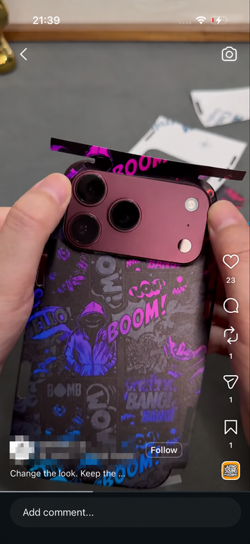 Instagram video screenshot showing a Phone Skin design