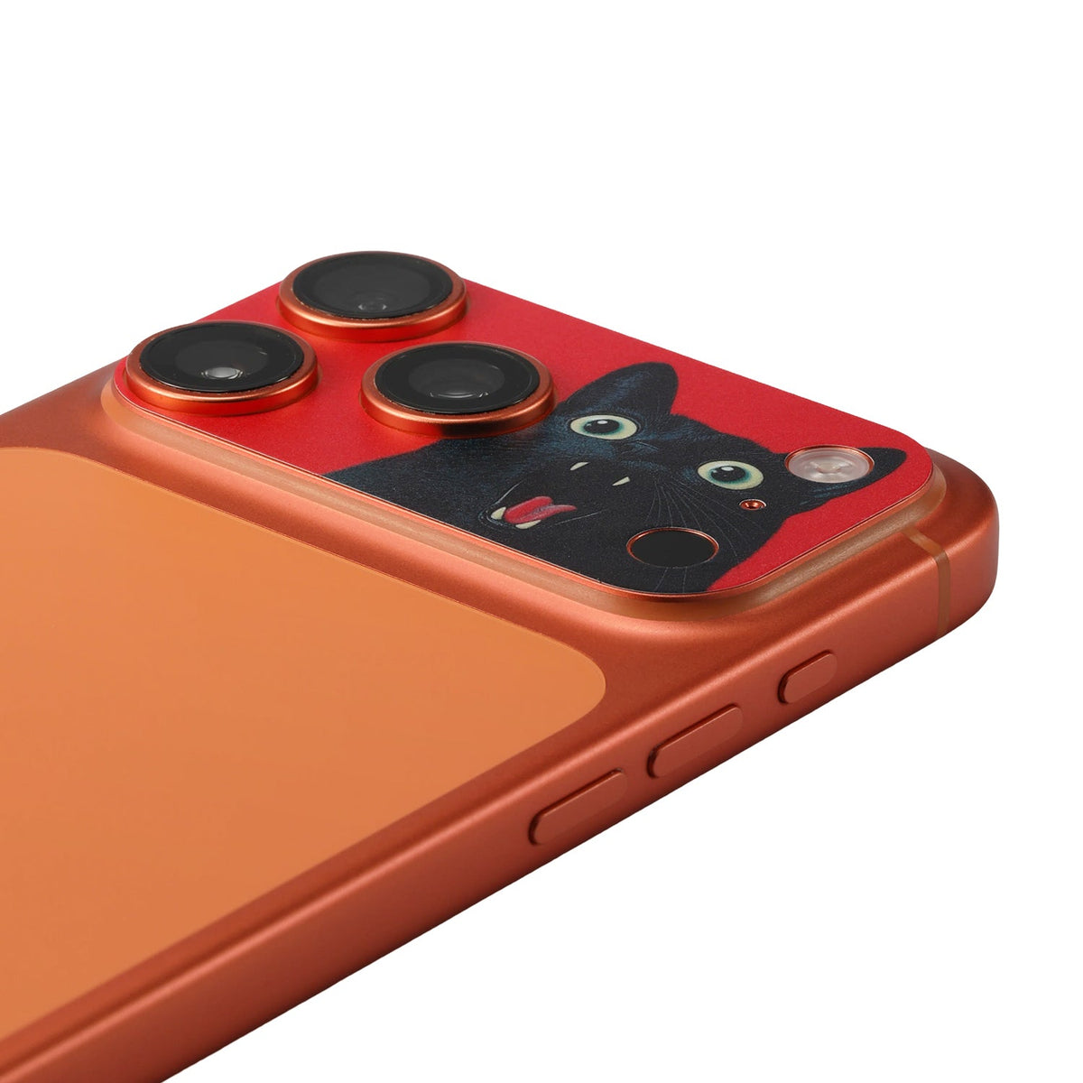 STICKSOO Camera Skin real photo on Cosmic Orange iPhone 17 Pro Max, product detail view 2; alternate phone-colour reference photo