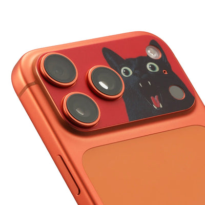 STICKSOO Camera Skin real photo on Cosmic Orange iPhone 17 Pro Max, product detail view 3; alternate phone-colour reference photo