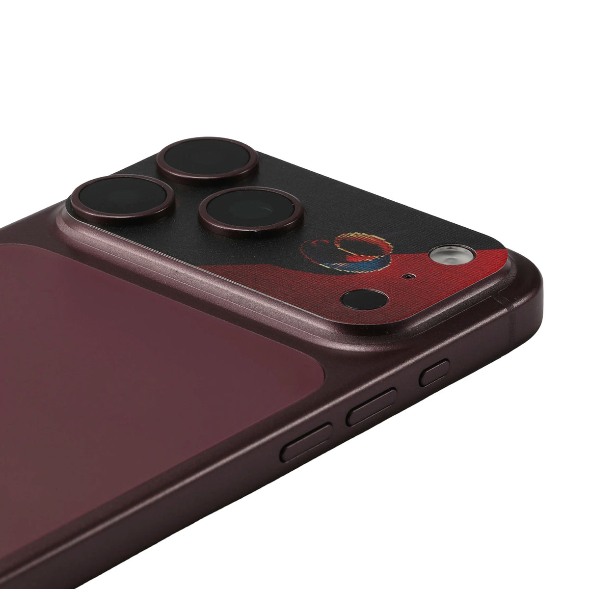 STICKSOO Camera Skin real photo on Burgundy iPhone 18 Pro Max, product detail view 2