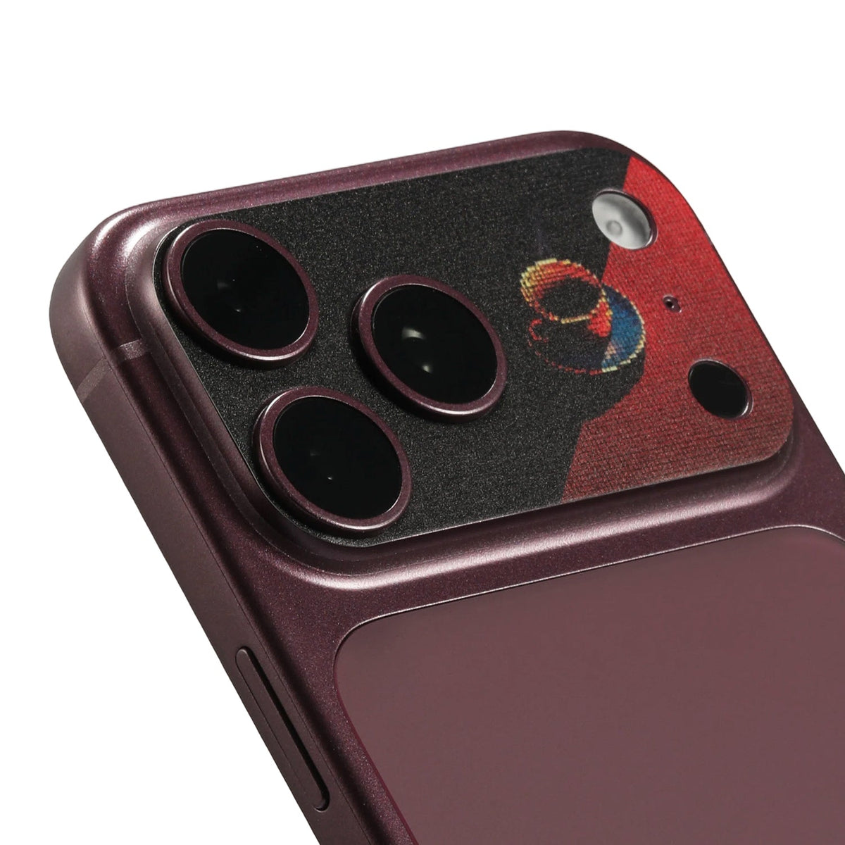 STICKSOO Camera Skin real photo on Burgundy iPhone 18 Pro Max, product detail view 3; alternate phone-colour reference photo