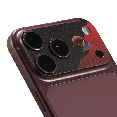 STICKSOO Camera Skin real photo on Burgundy iPhone 18 Pro Max, product detail view 3; alternate phone-colour reference photo