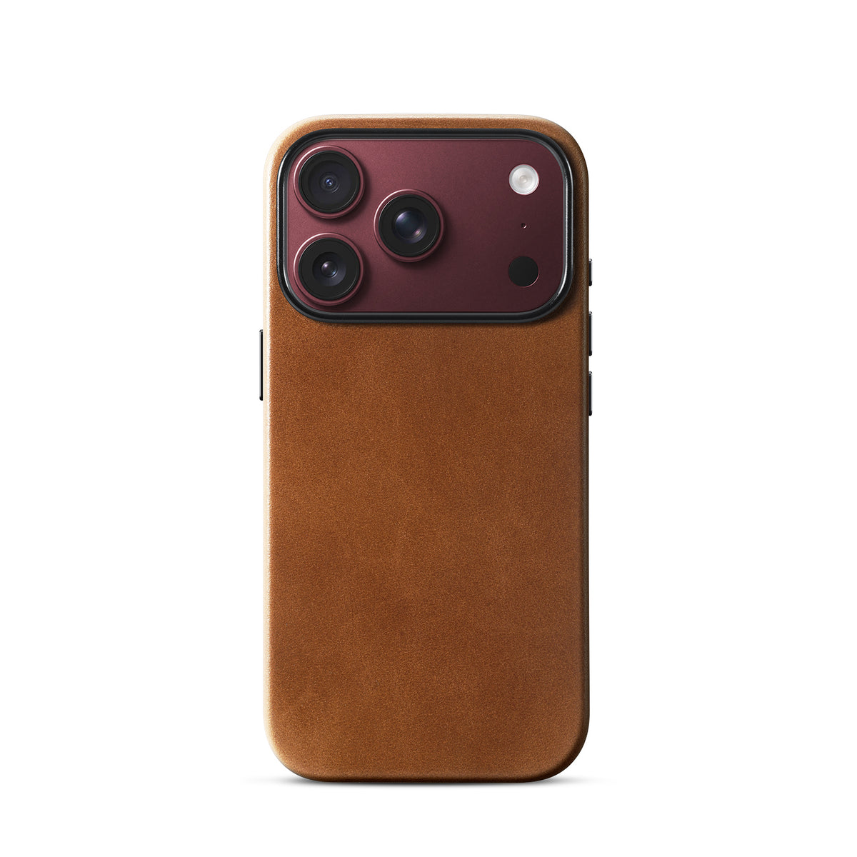 Caramel aniline leather case for iPhone 18 Pro, shown on a burgundy phone