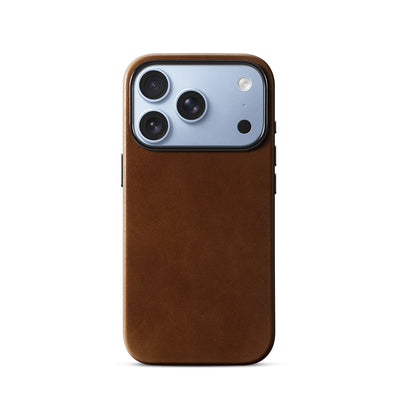 Dark Brown aniline leather case for iPhone 18 Pro, shown on a light blue phone