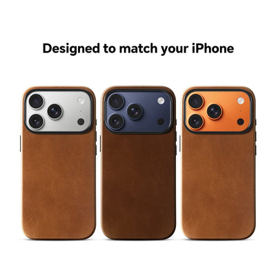 Leather phone cases on silver, blue and orange iPhones with Designed to match your iPhone heading