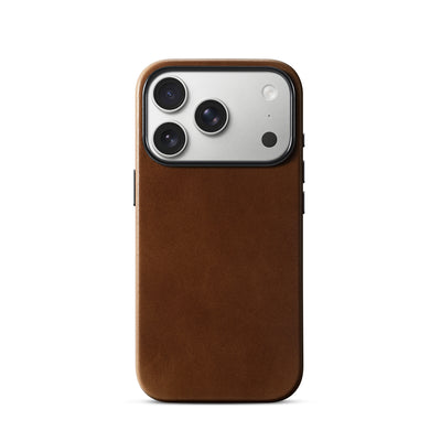 Dark Brown aniline leather case for iPhone 17 Pro, shown on a silver phone