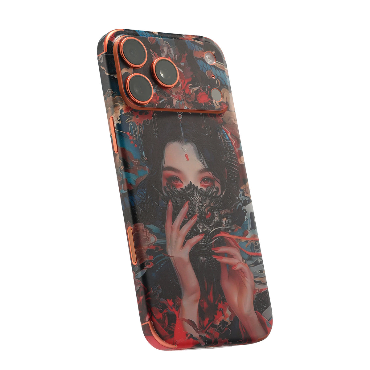 STICKSOO full-body Phone Skin, real photo on Cosmic Orange iPhone 17 Pro Max, white-background view 1